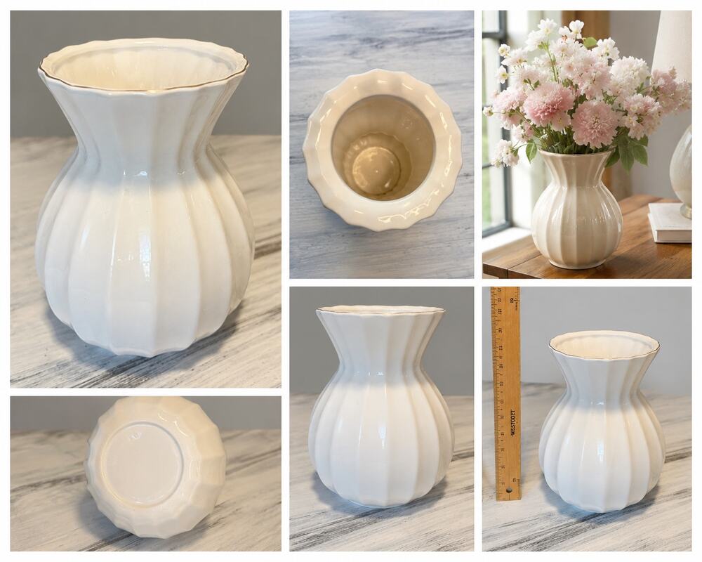 White Ribbed Ceramic Vase – Glossy Decorative Flower Vase